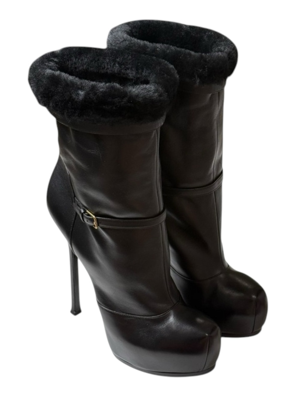 new Yves Saint Laurent ♔ Tribtoo 105 Platform Boots ♔ Black Leather Fur ♔ 11.5M - Picture 8 of 16
